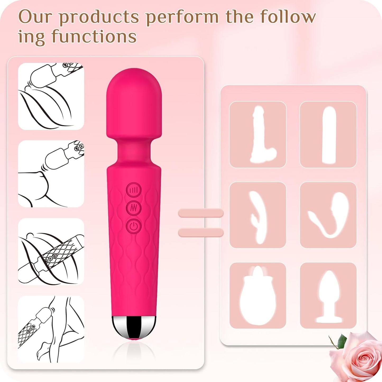 Vibrating Wand, Adult Sex Toy Wand, G-Spot Dildo, Clitoral Vibrator, Sex Vibrator, Clitoral Stimulation, 8 Speeds and 20 Patterns, Quiet, Fully Waterproof, Vibrating Wand Brings Her Joy (Rose Red)