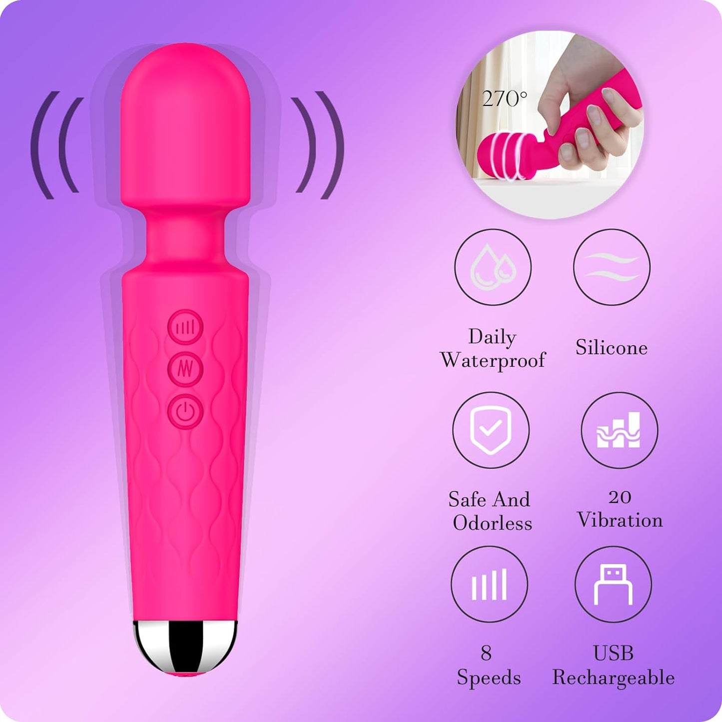 Vibrating Wand, Adult Sex Toy Wand, G-Spot Dildo, Clitoral Vibrator, Sex Vibrator, Clitoral Stimulation, 8 Speeds and 20 Patterns, Quiet, Fully Waterproof, Vibrating Wand Brings Her Joy (Rose Red)