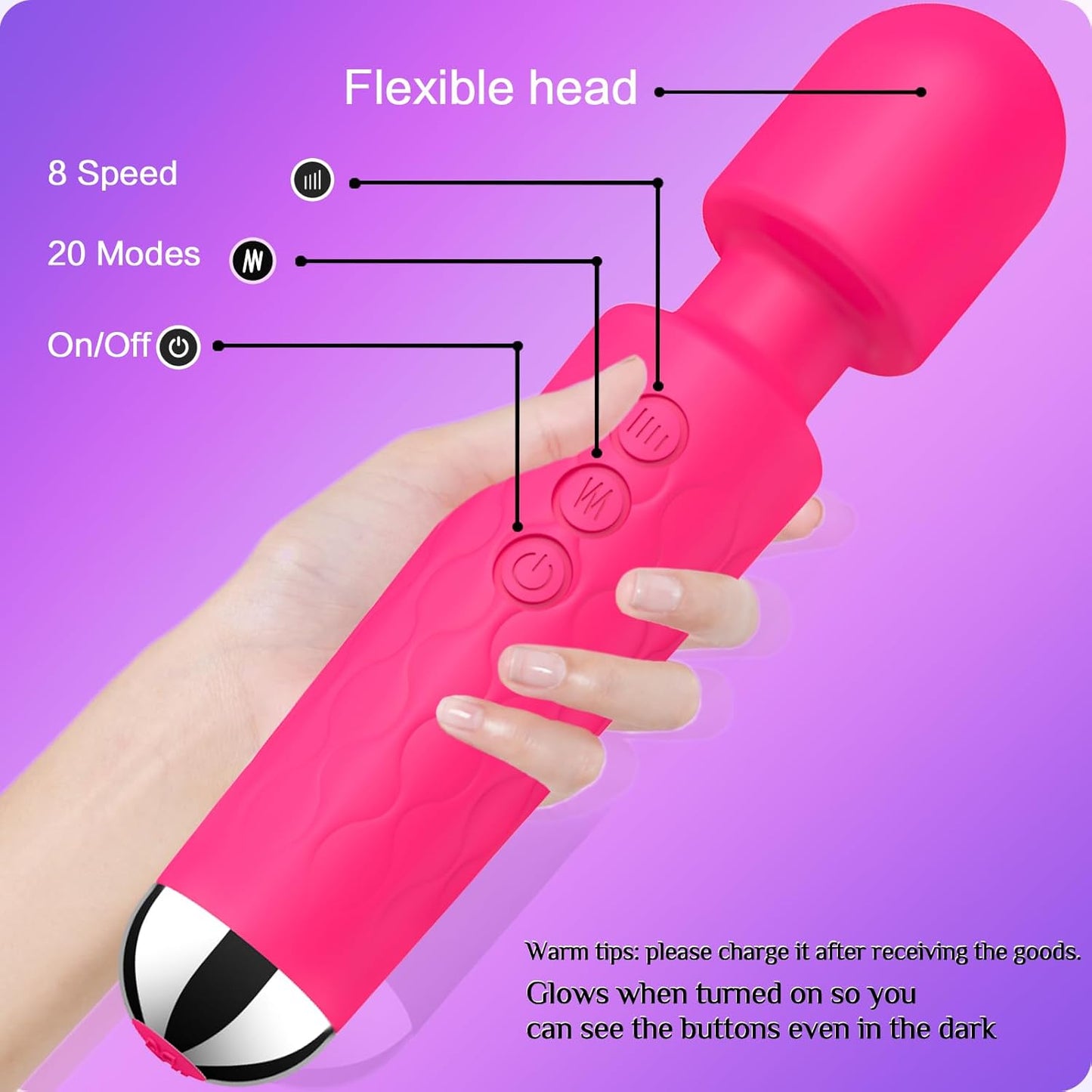 Vibrating Wand, Adult Sex Toy Wand, G-Spot Dildo, Clitoral Vibrator, Sex Vibrator, Clitoral Stimulation, 8 Speeds and 20 Patterns, Quiet, Fully Waterproof, Vibrating Wand Brings Her Joy (Rose Red)