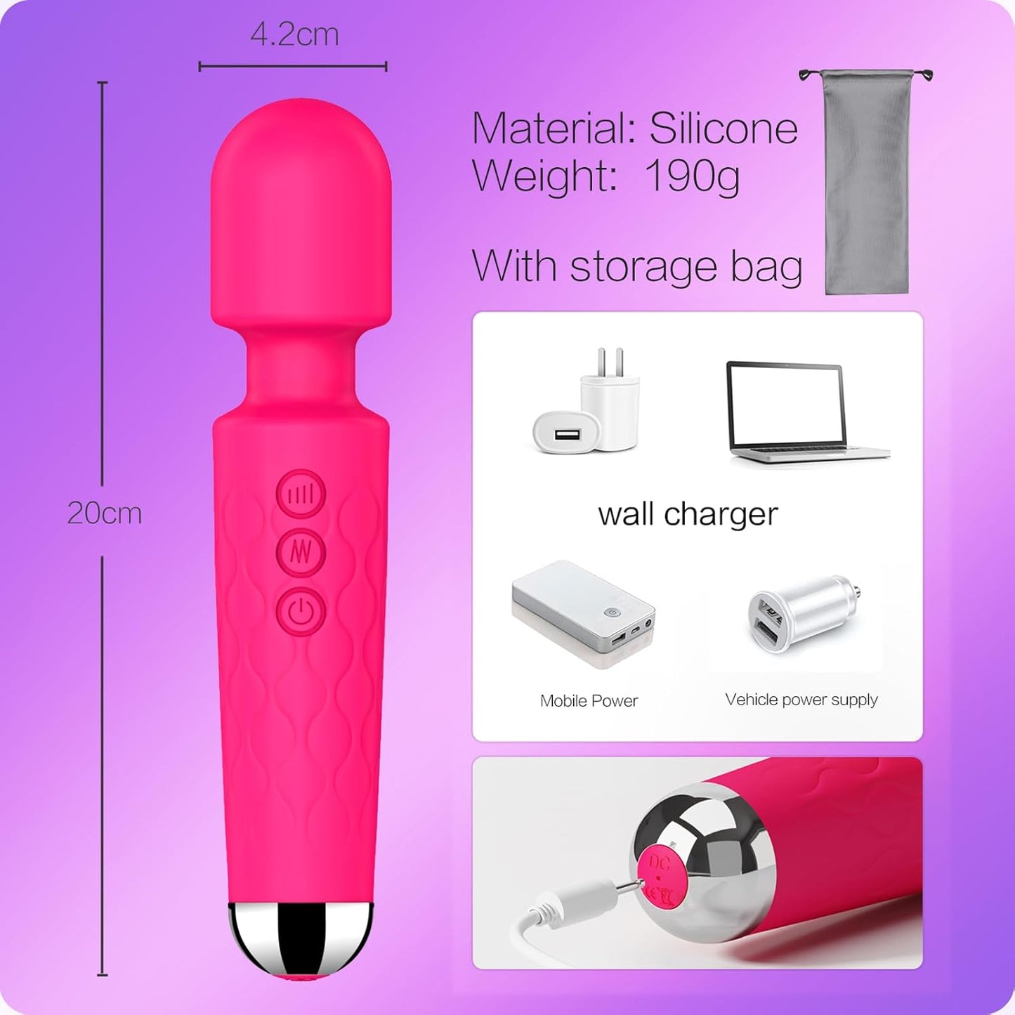 Vibrating Wand, Adult Sex Toy Wand, G-Spot Dildo, Clitoral Vibrator, Sex Vibrator, Clitoral Stimulation, 8 Speeds and 20 Patterns, Quiet, Fully Waterproof, Vibrating Wand Brings Her Joy (Rose Red)